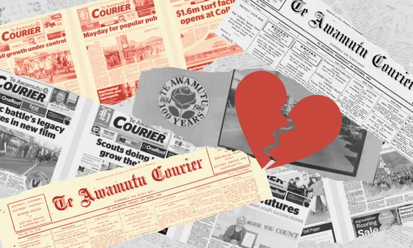 A collage of Te Awamutu Courier newspaper clippings featuring various headlines and articles. A large red broken heart graphic is overlaid in the center, symbolizing a theme of heartbreak or sadness.
