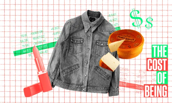 A collage featuring a denim jacket, lipstick, cheese, and green dollar signs on a red graph background. Text on the right reads "The Cost of Being.