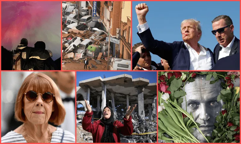 A collage of six images: firefighters and a colorful sky, flooded cars stacked on a street, two men raising fists, a woman in sunglasses, a woman gesturing near destroyed buildings, and a face covered with leaves and flowers.