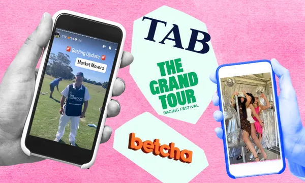 a pink background, with logos of the TAB and its subsidary betcha showing someone golfing and a young woman sitting on a fake horse on instagram