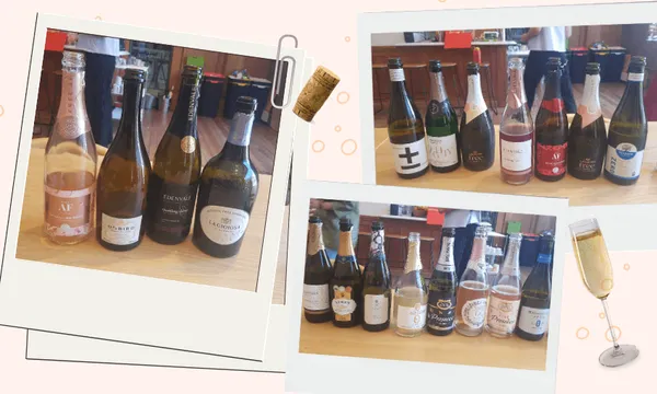 Multiple bottles of sparkling wine are displayed on a wooden table. The scene includes two polaroid-style frames, corks, and a champagne flute graphics, suggesting a wine tasting event.