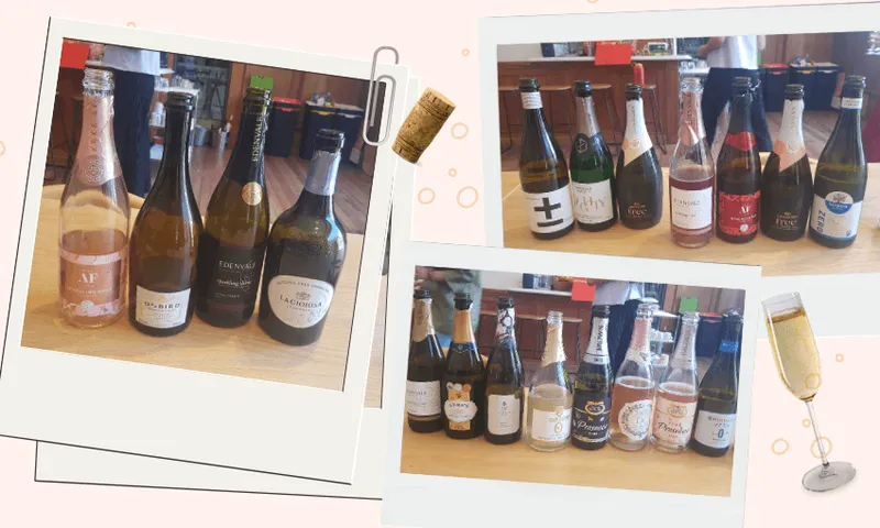 Multiple bottles of sparkling wine are displayed on a wooden table. The scene includes two polaroid-style frames, corks, and a champagne flute graphics, suggesting a wine tasting event.