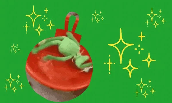 Kermit spins in a red basin against a green background with yellow sparkles.
