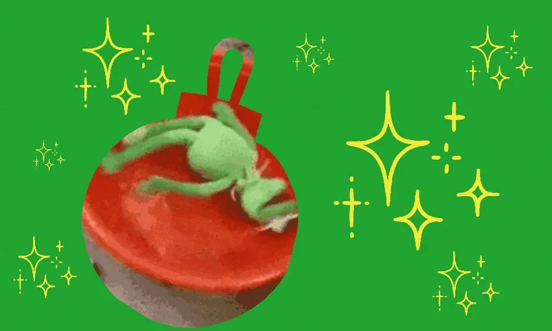 Kermit spins in a red basin against a green background with yellow sparkles.