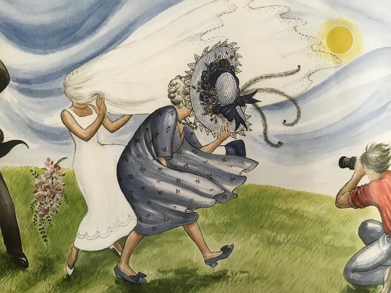 Illustration: at a wedding, on a windy day, a woman clutches her hat