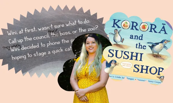 Photograph of woman in bright yellow dress, with hair dyed blue. Behind her is the cover of her book showing kororā at a beach, and a section of text with the pronouns "they" and "their" inserted in Vivid.