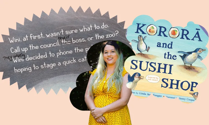 Photograph of woman in bright yellow dress, with hair dyed blue. Behind her is the cover of her book showing kororā at a beach, and a section of text with the pronouns "they" and "their" inserted in Vivid.