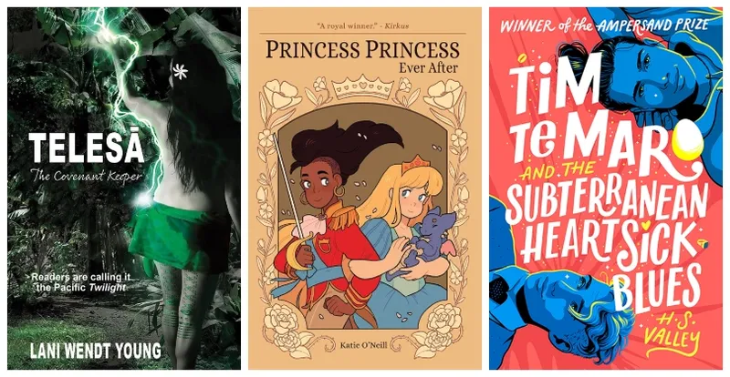 Three book covers, one showing a Sāmoan woman; another two princesses; another two young men.