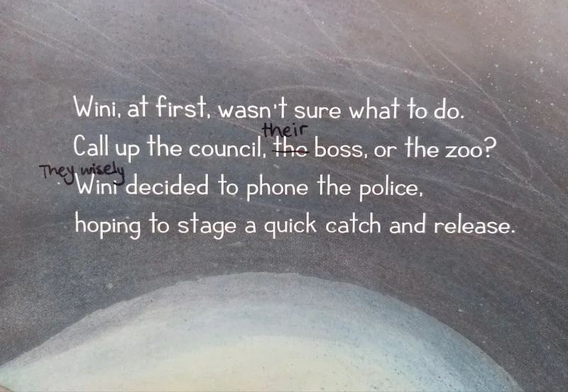 A page from the picture book Kororā and the Sushi Shop, showing the words "their" and "they wisely" inserted in vivid