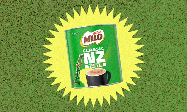 A tin of Milo on a green and yellow background