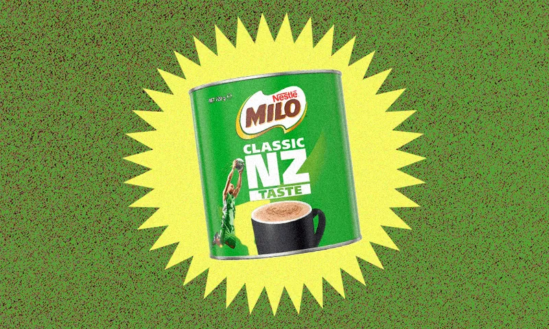 A tin of Milo on a green and yellow background