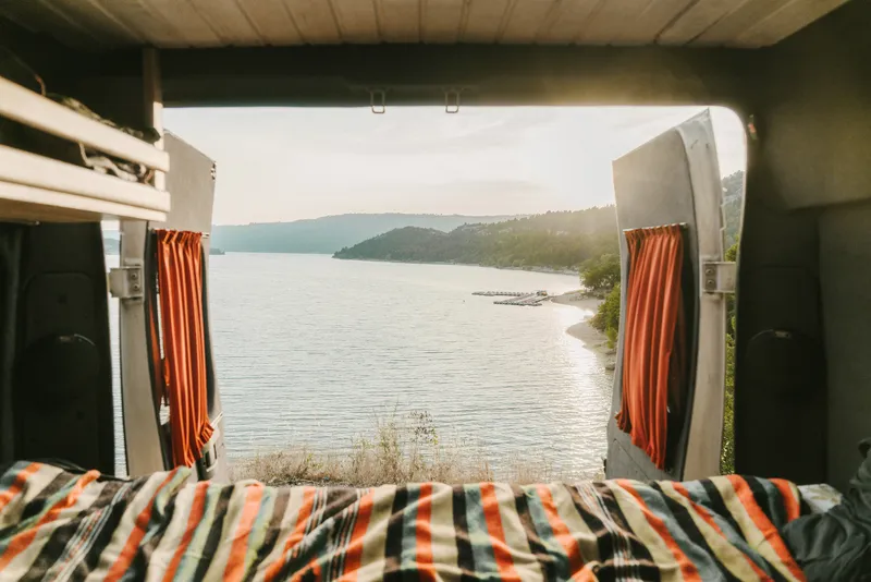 Scenic view of Lake of Sainte-Croix from campervan