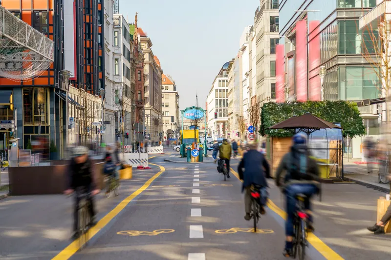 Commuting to Work on a Pop-Up Bike Lane in the City Center