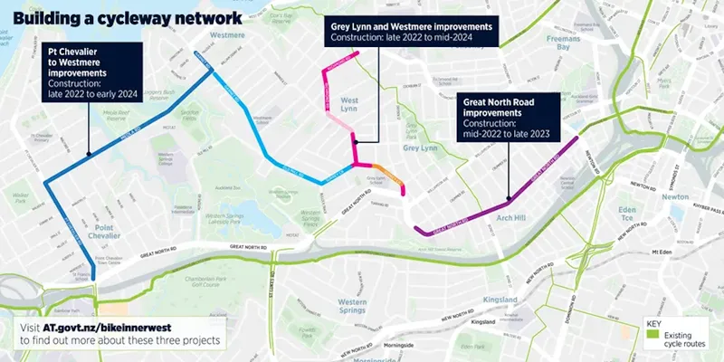 A map showing the Inner West Improvement project's bike infrastructure.