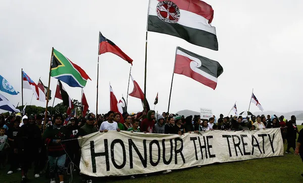 A large group of people hold flags and a banner reading "HONOUR THE TREATY" during a protest or demonstration outdoors on a cloudy day.