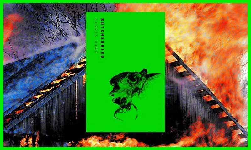 Shocking lime-green cover of Butcherbird set on top of image of burning barn