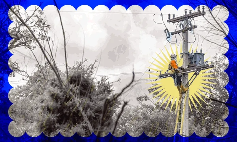 someone is hanging from a pole with a funky yellow background behind them. a wire hangs over them with a blue dot darting through it in a cool way that hopefully doesn't imply someone is getting eletrocuted (no one is getting eletrocuted!! don't worry! this is all about fixing things!)