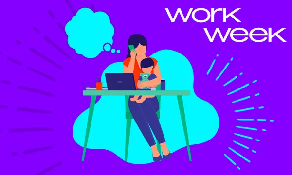 urple background a white skinned mama holding a baby and a phone and looking at a laptop with a turquoise thought bubble. worried but optimistic vibes.