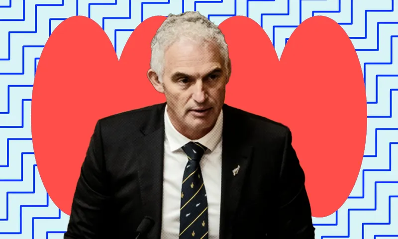 MP Stuart Nash wearing a suit and pasted over a red and blue background