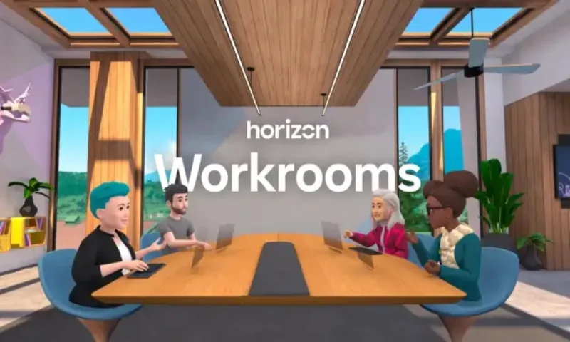 evenly lit room with legless avatars discussing something around a table with silly little screens unfolding in front of them