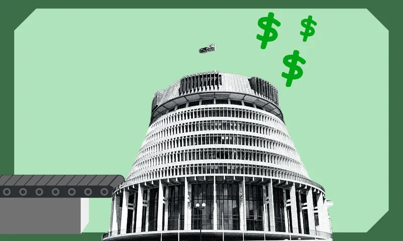 An illustration of lobbyists going into the Beehive, coming out with cash.