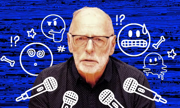 wayne brown among a sea of emoji faces and microphones