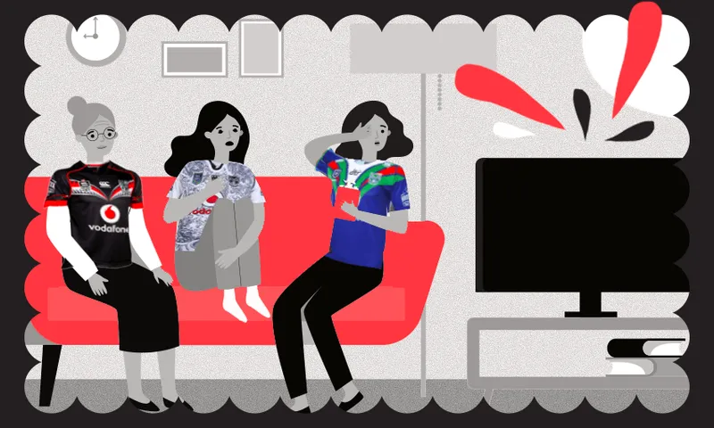 An illustration of three women wearing Warriors shirts, sitting on a red couch and watching TV