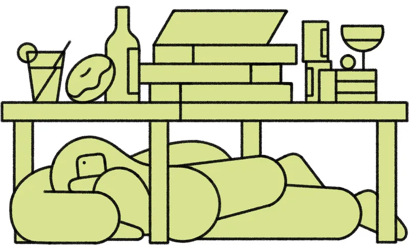 an illustration of different foods, with vegetables under a table and wine and donuts and pizza on top. the style is a block green colour and clear black lines