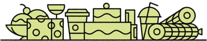 A line of comfort food items, coffee, cheese, salami. the style is a block green colour and clear black lines