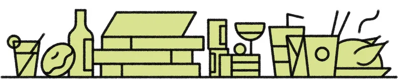A line of food items, alcoholic drinks and pizza. the style is a block green colour and clear black lines