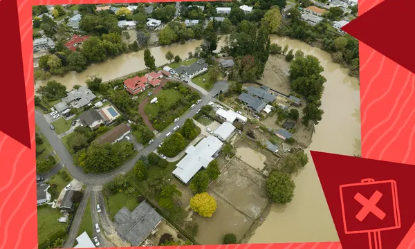 Homes in Gisborne were inundated by mud and silt following Cyclone Gabrielle in February (Photo: Getty Images; design by Tina Tiller)