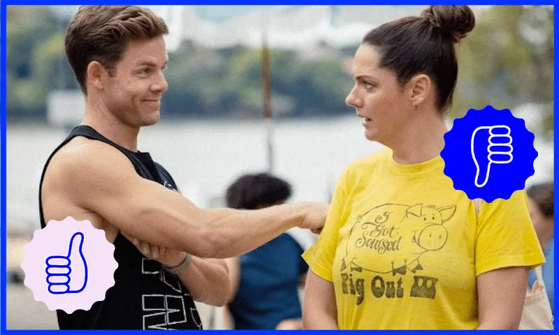 A personal trainer encourages Liv Bealey, protagonist of Wellmania, with a gentle punch on the arm.