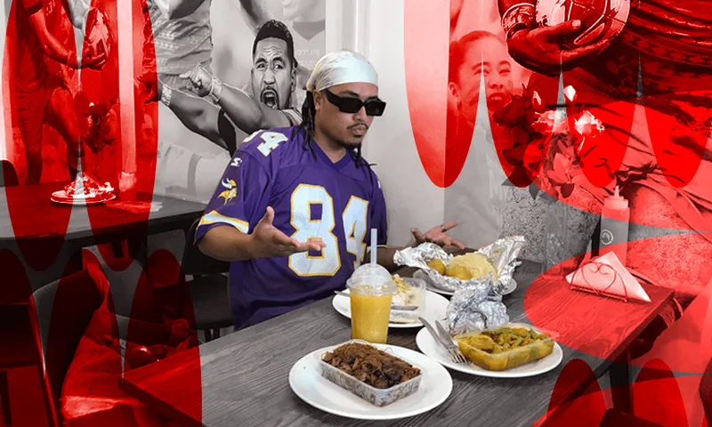 John-Paul Foliaki with his lunch at Halo Hihifo in Ōtāhuhu.