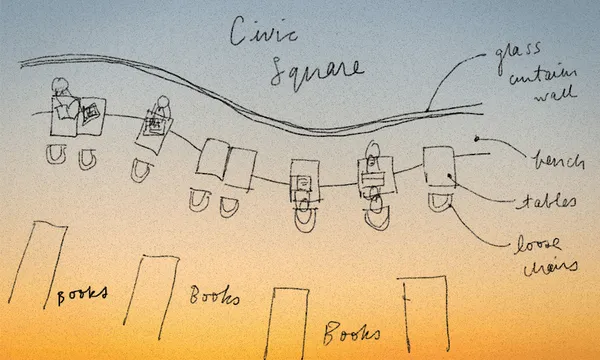 the author's sketch of the old library layout on a blue and orange gradient background