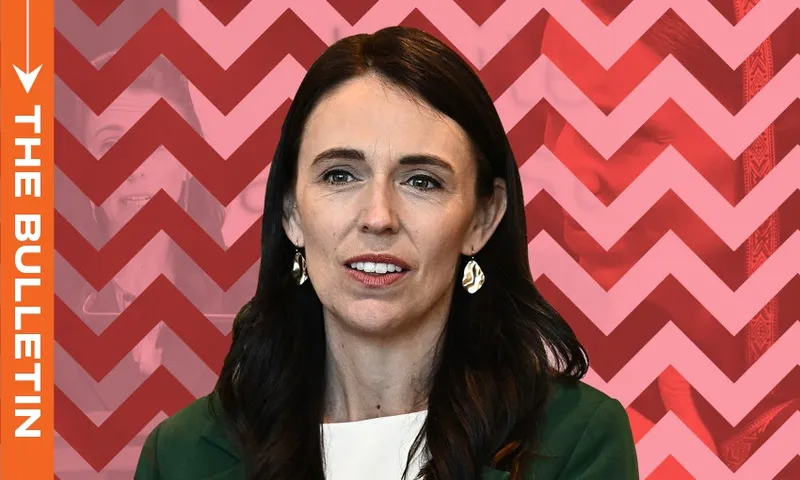 Former prime minister Jacinda Ardern against a red zig zag background