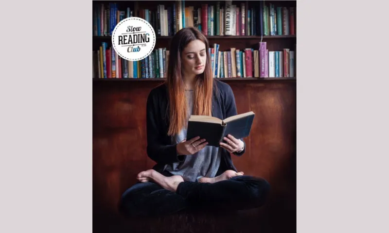 An image of a woman reading with her legs crossed and the Slow Reading Club logo above her.