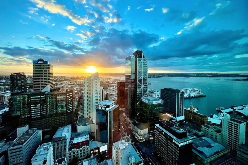 A view of the sunset from an Auckland apartment block.