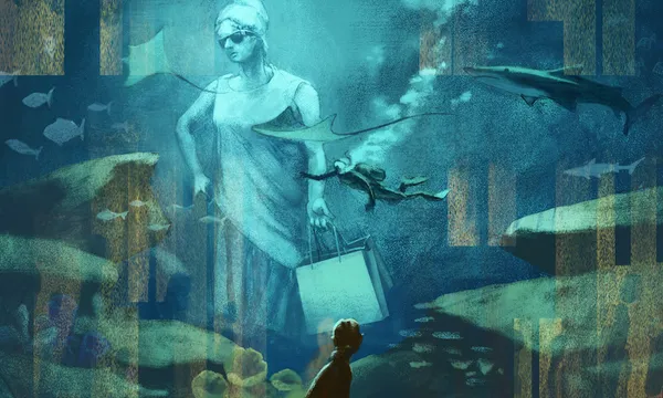 A digital illustration of a floor-to-ceiling aquarium, with scuba divers and statues all in blue underwater. The silhouette of the author is in the foreground, staring into the water