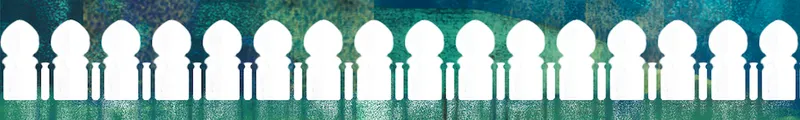 An illustration of greens and blues in the background with the white silhouettes of pillars in a row