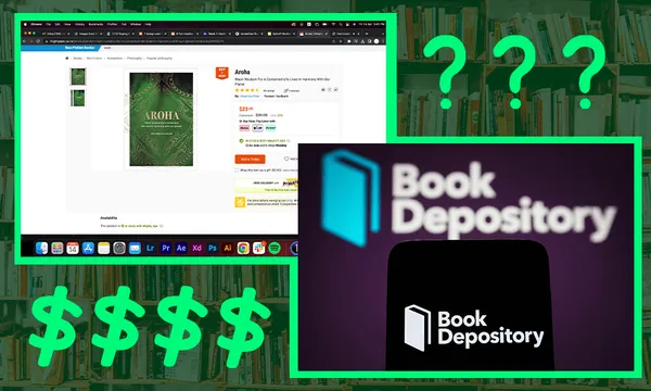 a green background with quesionmakrs and dollar signs and book depository logo and a book depository page with Hinemoa elder's book 'Aroha' on it
