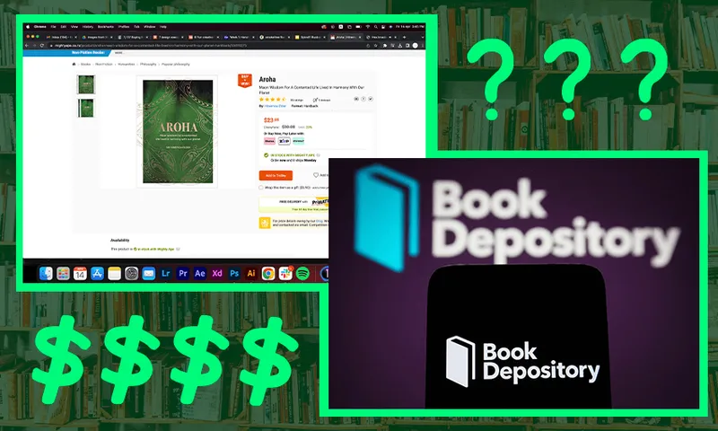a green background with quesionmakrs and dollar signs and book depository logo and a book depository page with Hinemoa elder's book 'Aroha' on it