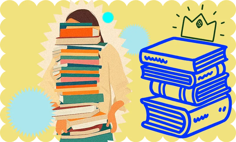 An illustration of a woman holding a huge stack of books, so tall it's almost over her head.