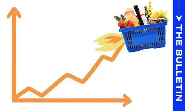 Image of graph trending upwards with a basket of food near the top indicating rising food prices