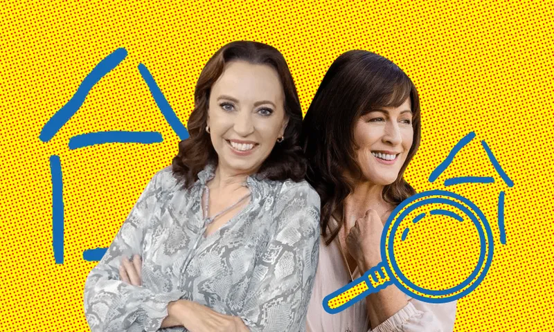 Suzanne Paul and Tammy Wells stand back to back on a yellow and blue Briscoes background
