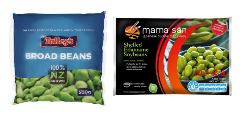 A bag of frozen Talley's broad beans and a bag of frozen Mama San shelled edamame