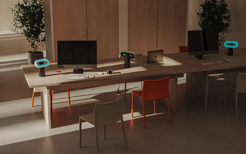 Blue lights on an office desk.