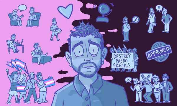 An illustraion in blue, pink and dark purple depicting a man looking worried as one side behind him shows ordinary trans life and the other shows neo-nazis, yelling and alarm bells