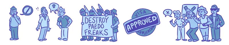 A blue series of illustrations showing people arguing, neo-nazis holding up an offensive sign, a visa stamp, and people protesting