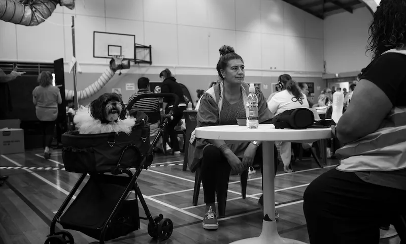 Black and white image of a woman sitting at a table and a dog sitting in a pram next to her