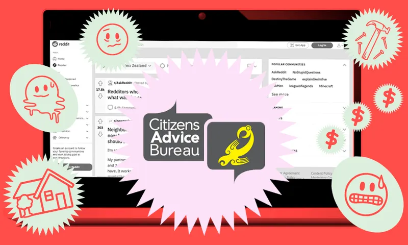something that looks like the reddit homepage on a red background with a stressed emoji and a worried emoji and question marks and dollar signs and aboveit all like a beautiful anges the red and yellow Citizens Advice Bureau logo